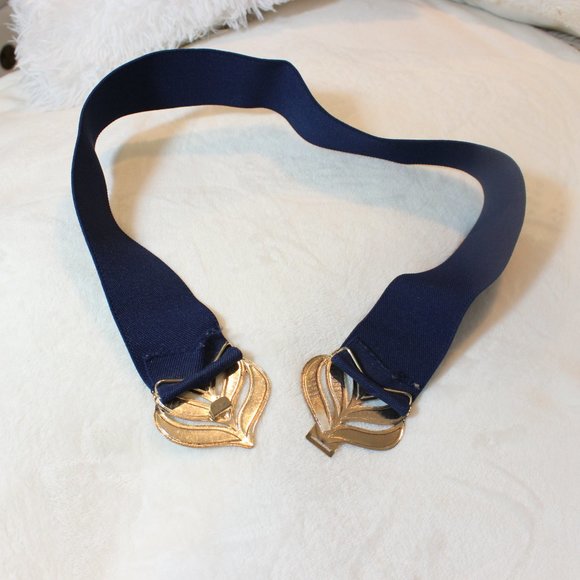 Vintage 1980\'s Navy Blue Feather Flames Retro Buckle Belt 25-29\